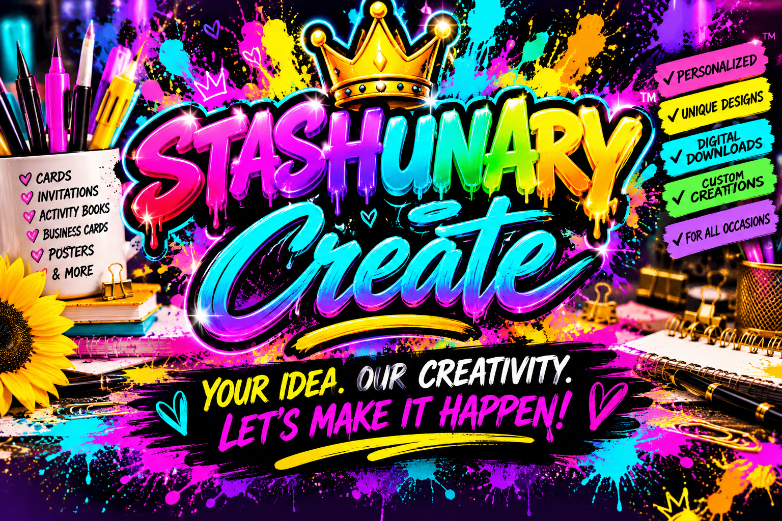 STASHUNARY Create — Your Idea. Our Creativity. Let’s Make It Happen! Colorful creative services banner.