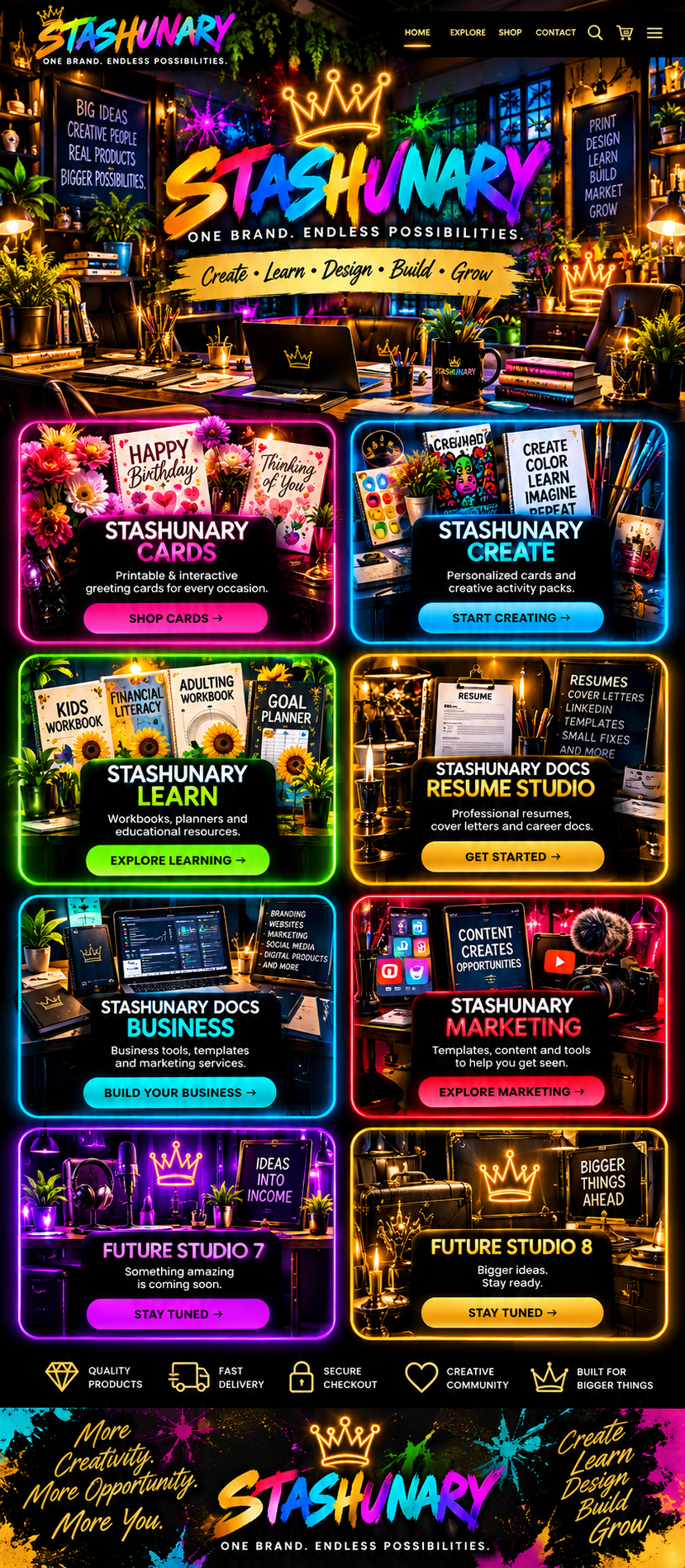 STASHUNARY colorful creative studio with eight illustrated departments: Cards, Create, Learn, Resume Studio, Docs Business, Marketing, and two future studios.